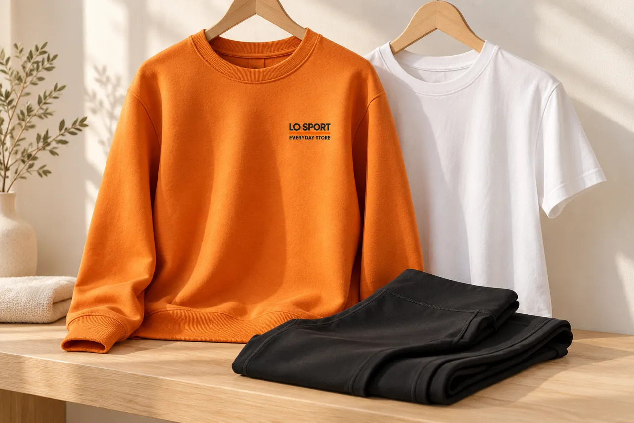 Oranger Hoodie, weißes T-Shirt und Sporthose: Stoffe und Details