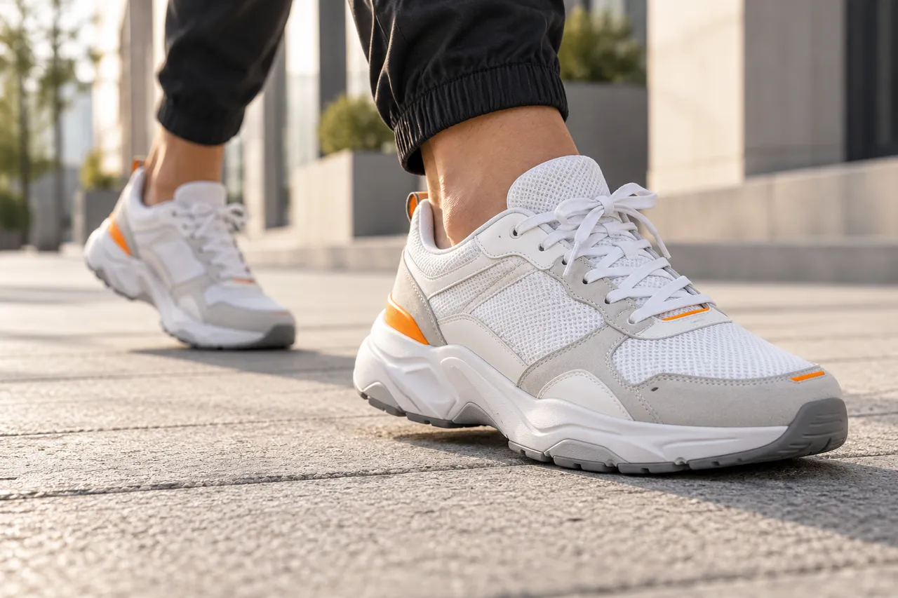 Nahaufnahme eines weißen Sneakers beim Gehen