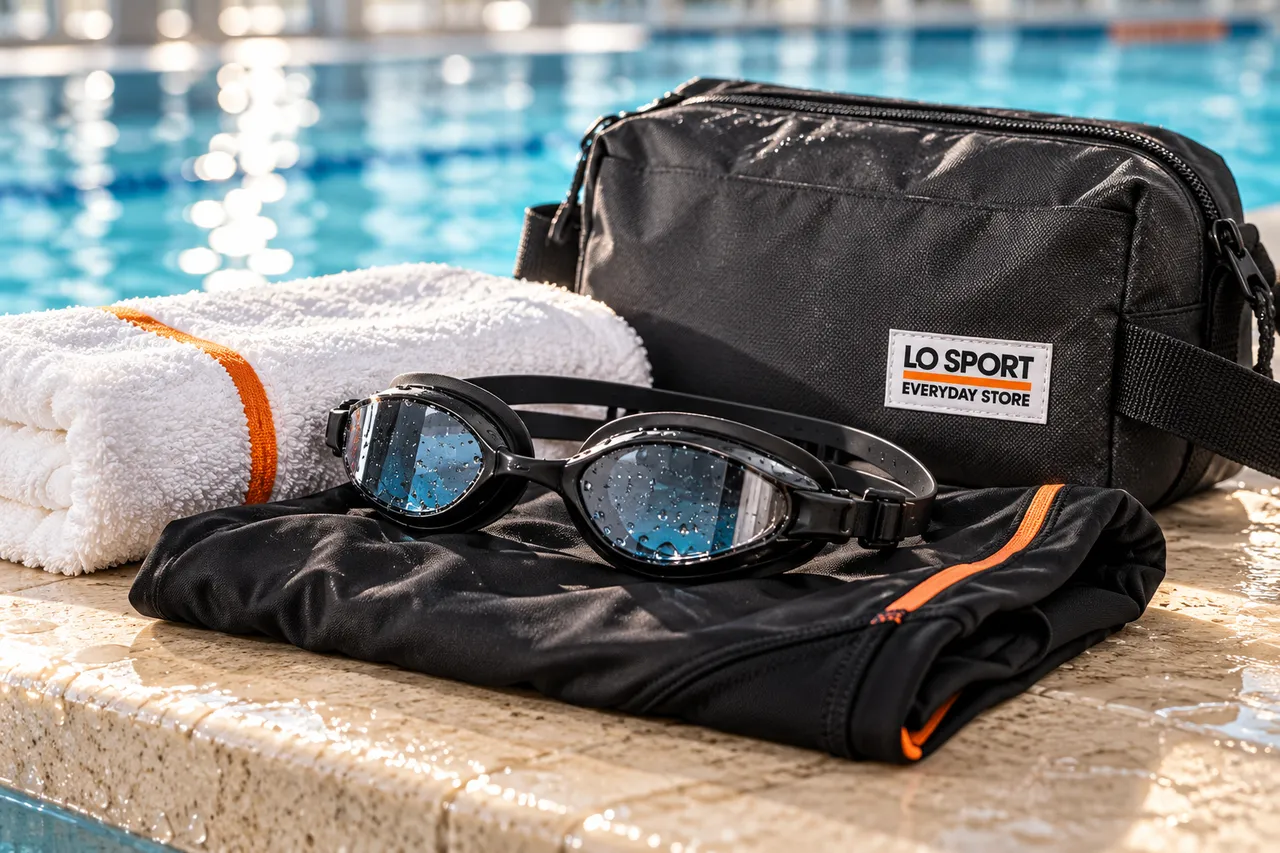 Schwimmbrille, Badebekleidung, Handtuch und Sporttasche am Beckenrand