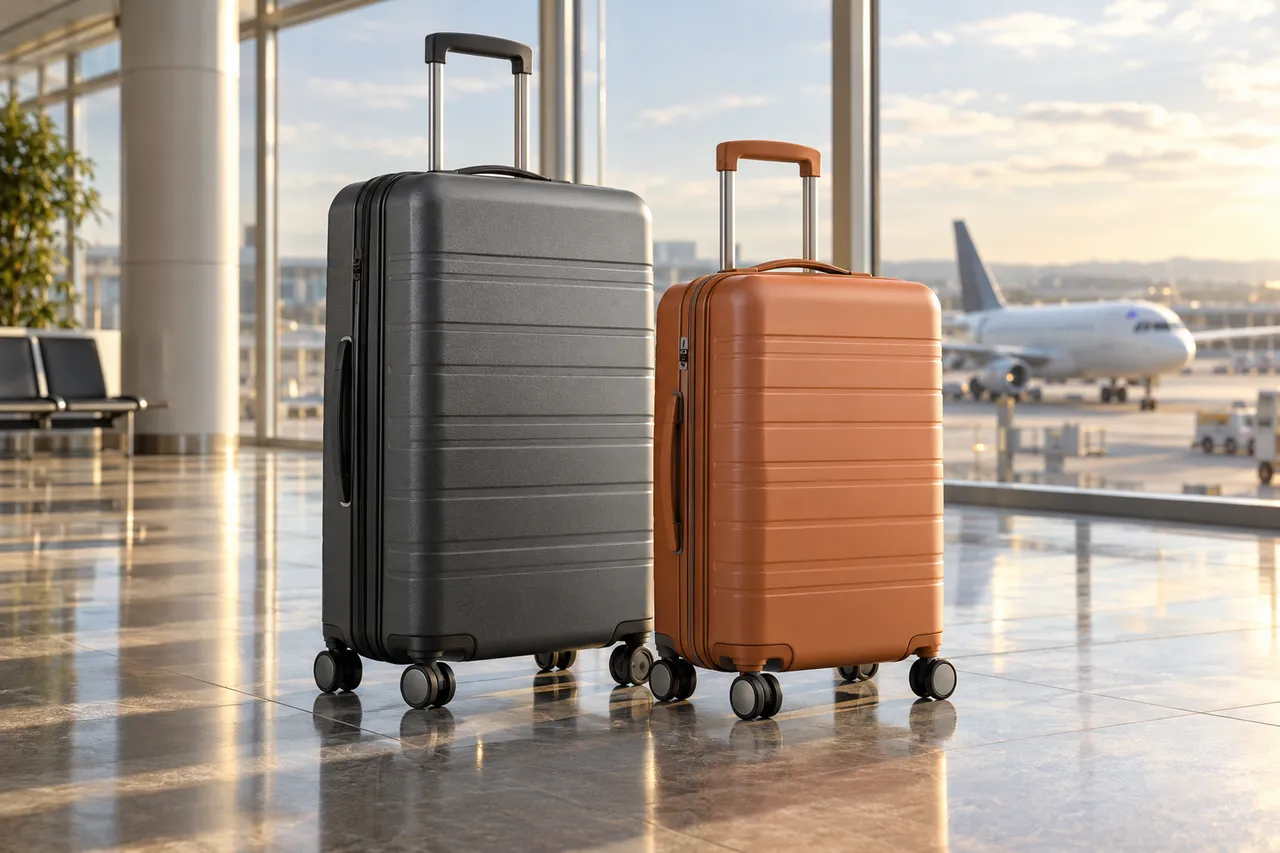 Due trolley in primo piano in un aeroporto luminoso