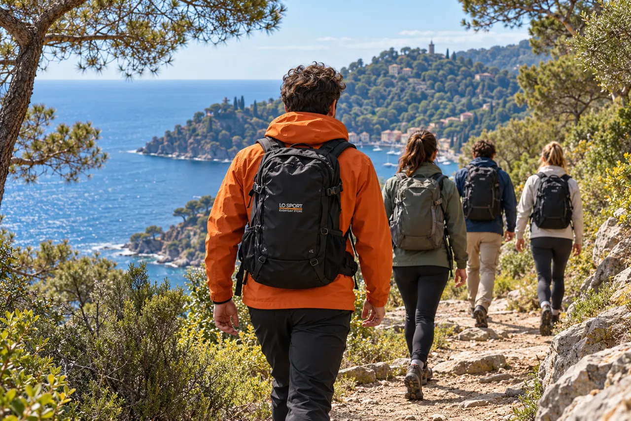 Wandergruppe von hinten auf einem Küstenweg in Ligurien mit Meerblick